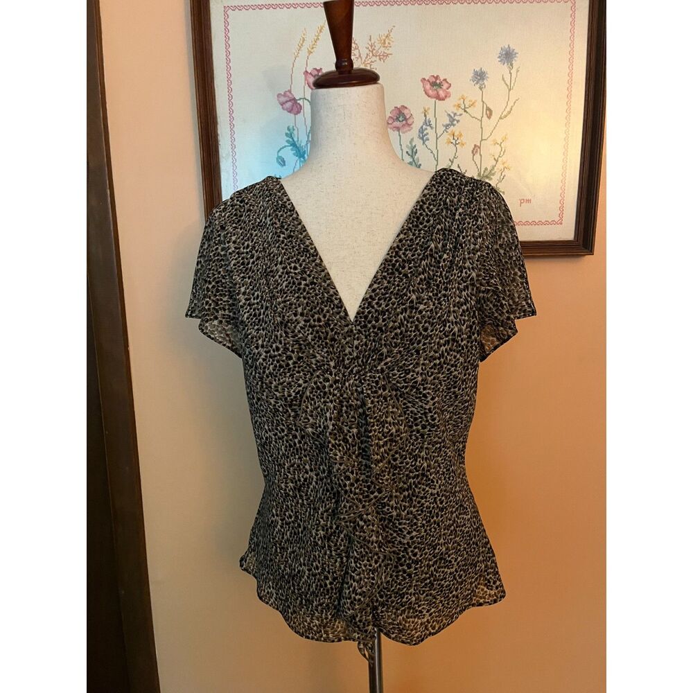 Y2K Leopard Print Ruffle Front Short Sleeve Blouse Large